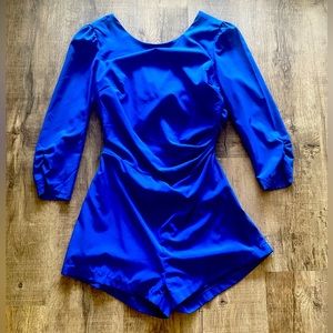 Royal blue holiday party shorts romper open back long sleeve ruched ark & co